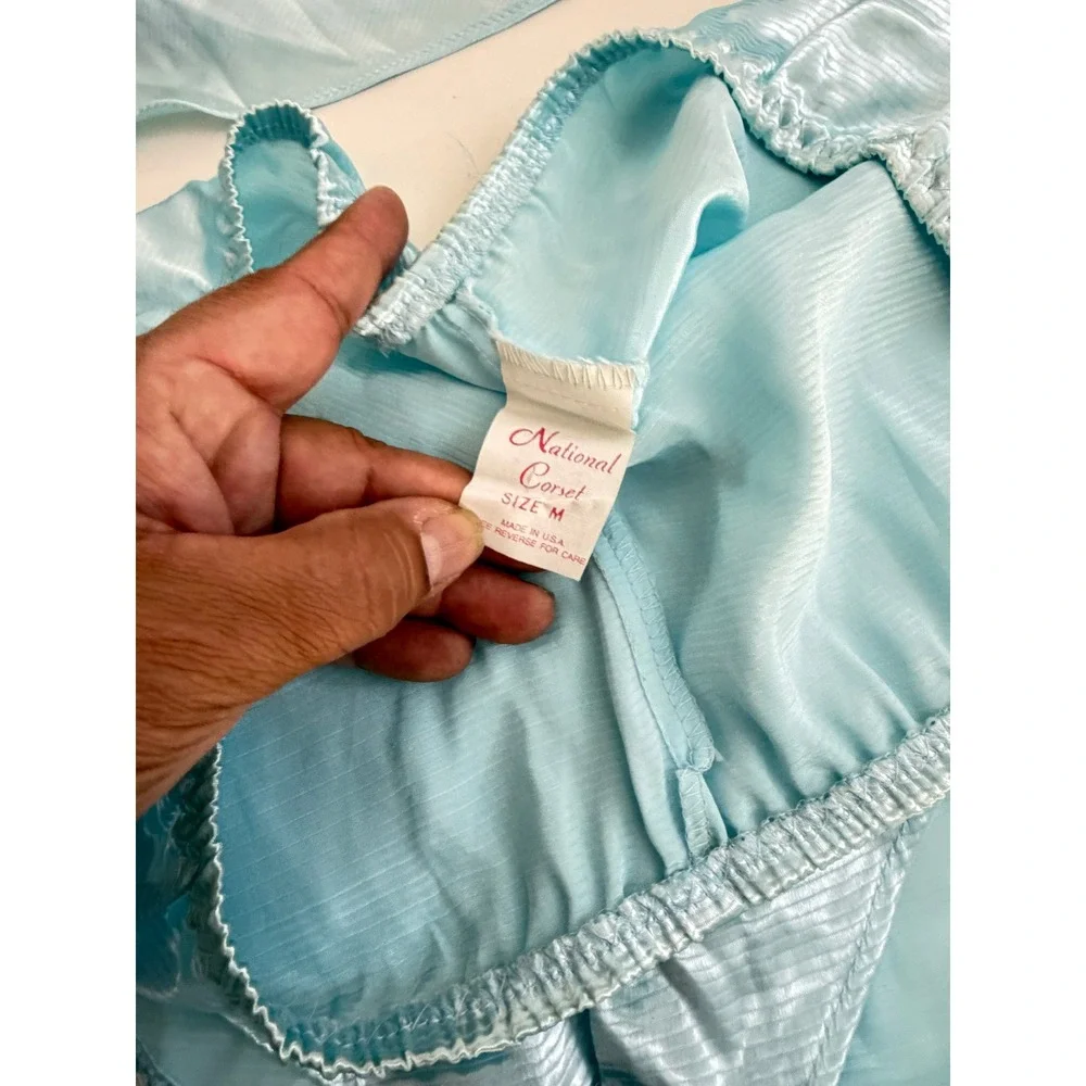 Vintage National Corset Lingerie Set Blue Satin Camisole Tap Shorts USA Made M